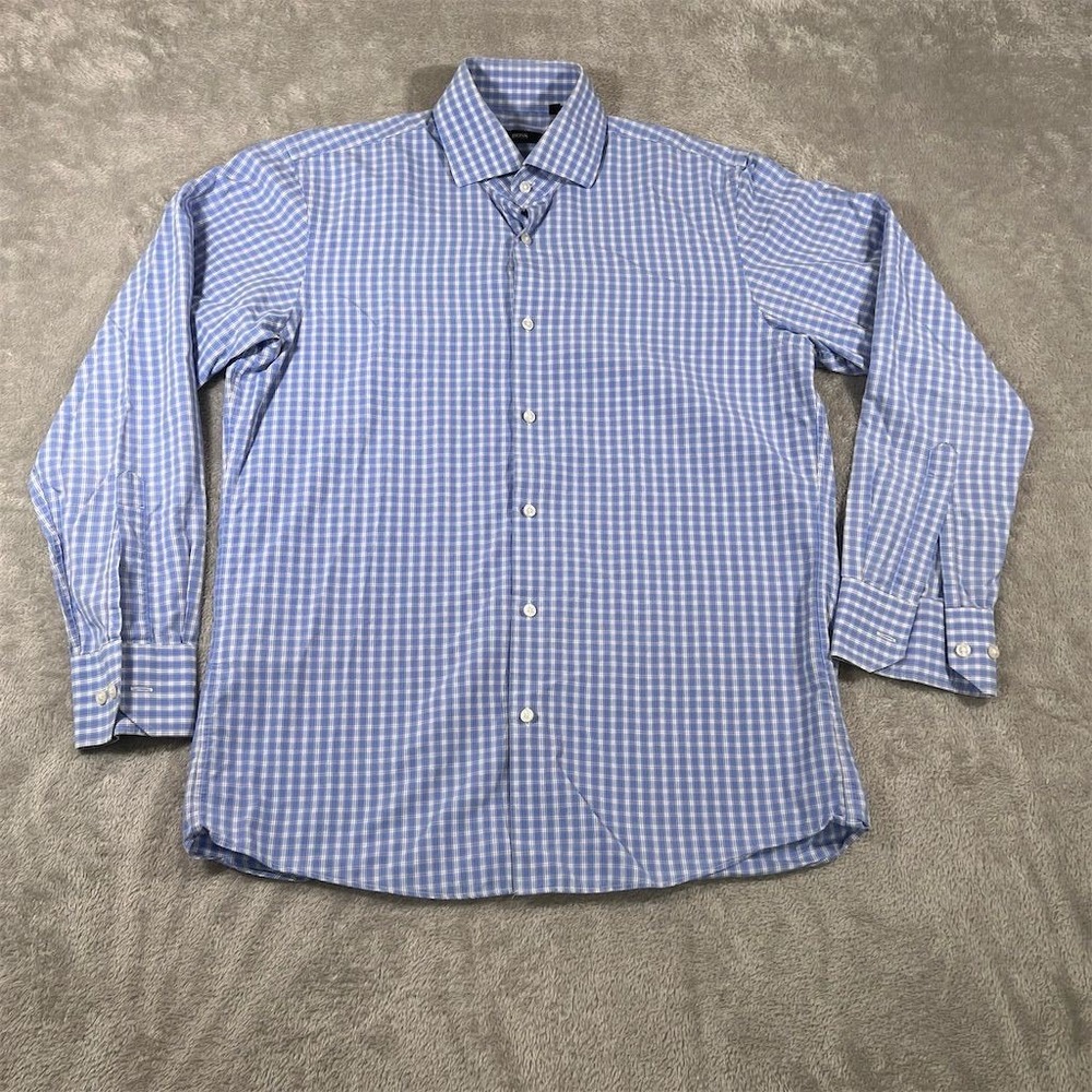 Hugo Boss Dress Shirt Men's 15.5 Blue Check Plaid Long Sleeve Button-Down Career